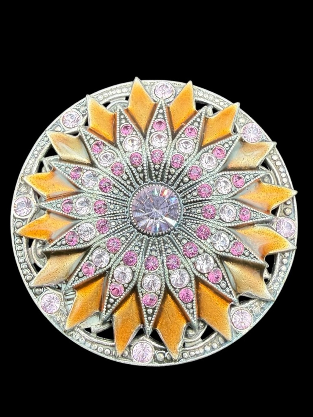 NWT Catherine Popesco Silver Filigree Floral Orange Pink Rhinestone Brooch